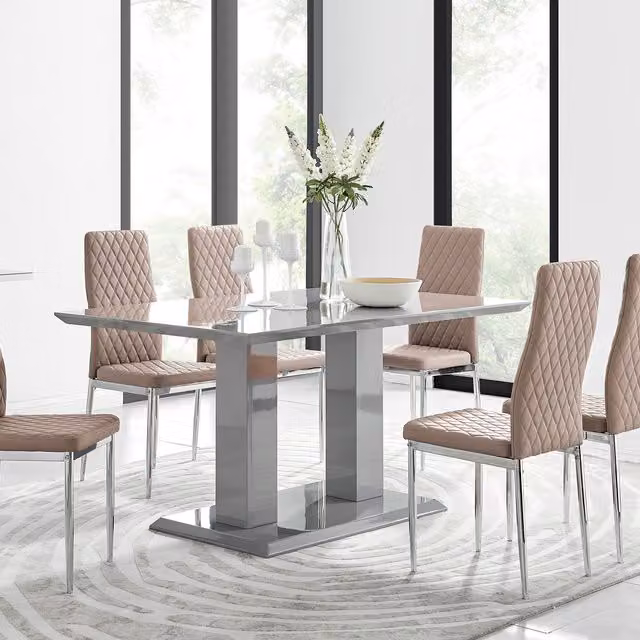 FurnitureboxUK Imperia Grey Modern High Gloss Rectangular Dining Table and 6 Milan Dining Chairs Set in Cappuccino