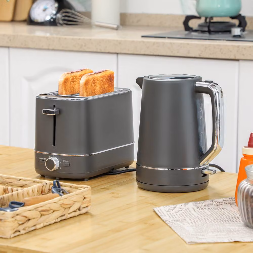 HOMCOM Grey Electric Kettle 1.7L and 2 Slice Toaster Set – 2