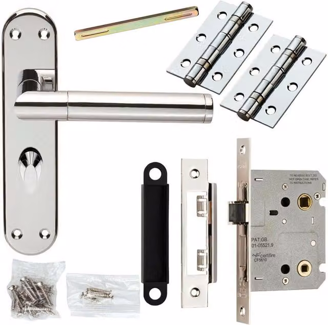 Loops Chrome Straight Round Bar Door Handle and Bathroom Lock Pack – 1