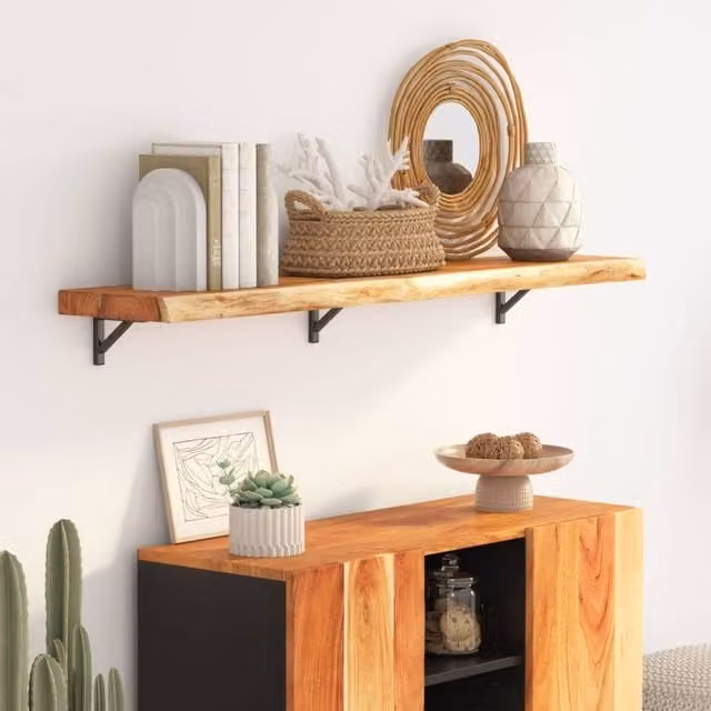 Berkfield Home Rectangular Acacia Solid Wood Wall Shelf with Live Edge, Brown, W: 120 cm, D: 20 cm, H: 2.5 cm – 1