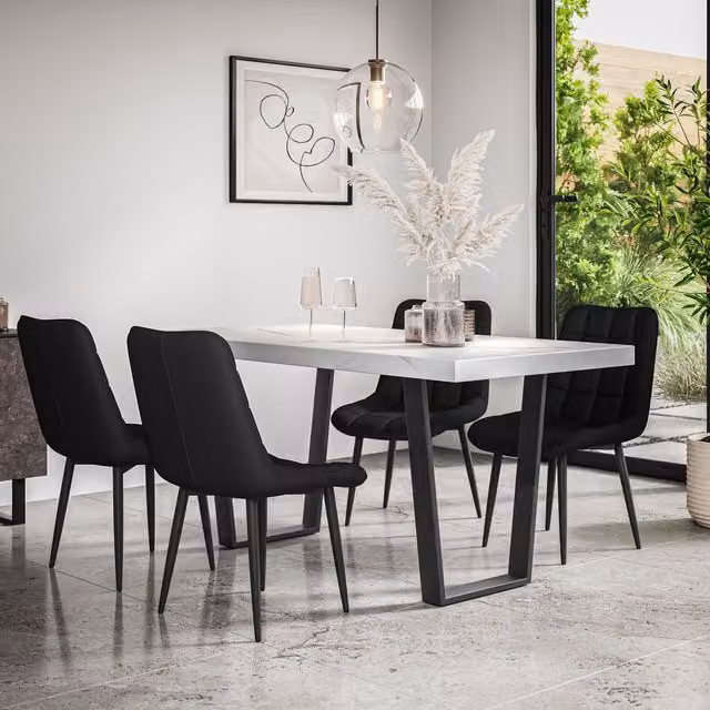 More4Homes Aria Dining Table and 6 Nova Faux Leather Chairs Set, White Marble Effect Top with Black Legs – 1