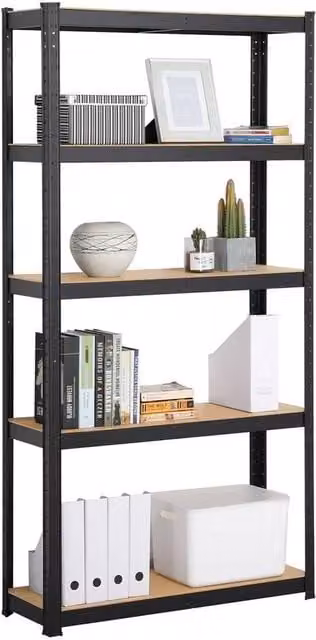 KORVIXA Black 5-Tier Adjustable Garage Shelving Unit with Metal and MDF Shelves, H 180 cm x W 90 cm x D 60 cm
