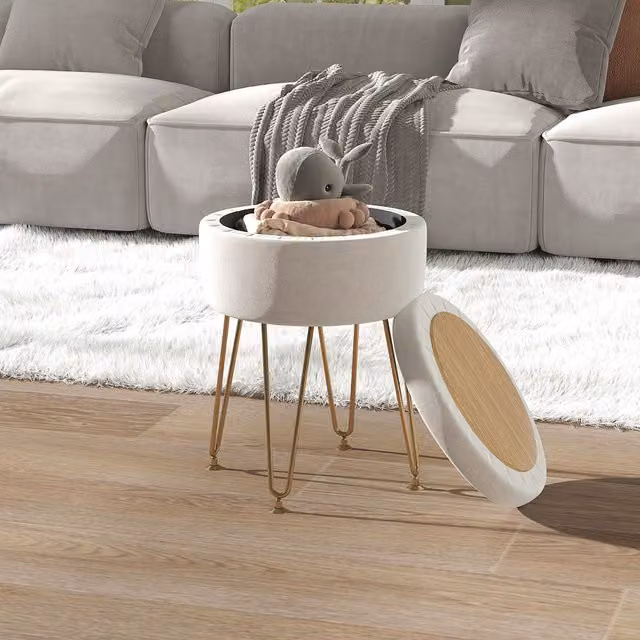 HOMCOM Velvet Footstool with Removable Lid and Metal Frame in Cream – 1
