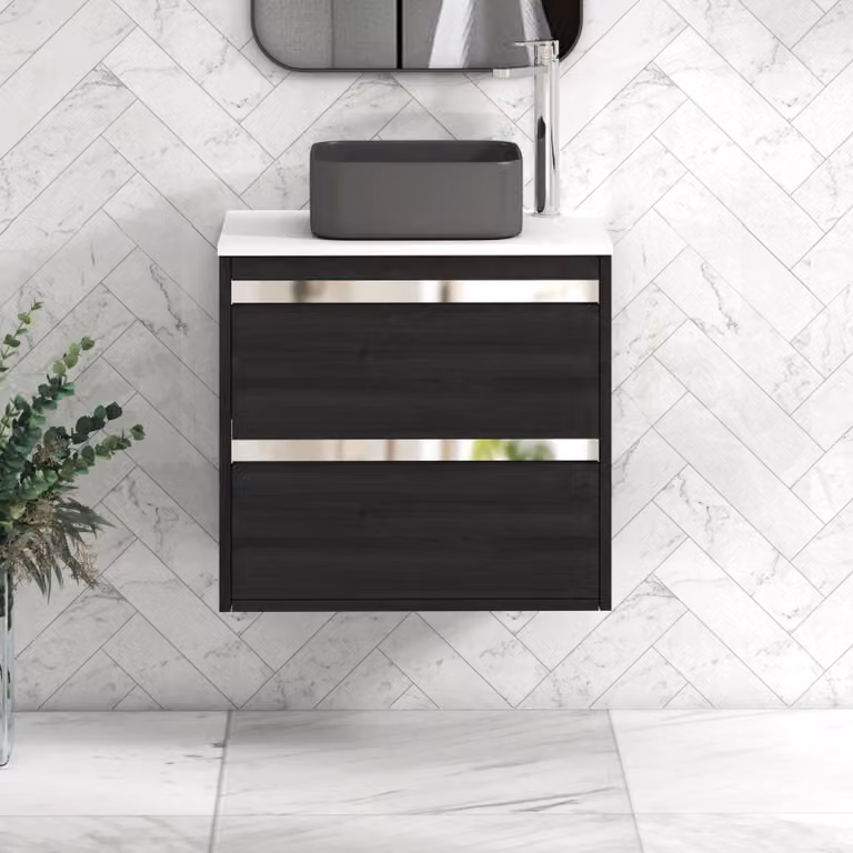 Royal Bathrooms Orion 600mm Hale Black Wall Hung Vanity Unit with White Art Square Basin and 2 Drawers