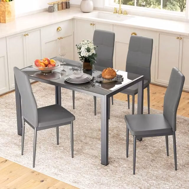 HOMCOM 5 Piece Kitchen Dining Set with Glass Top Rectangular Table and 4 Grey PU Leather Chairs – 1