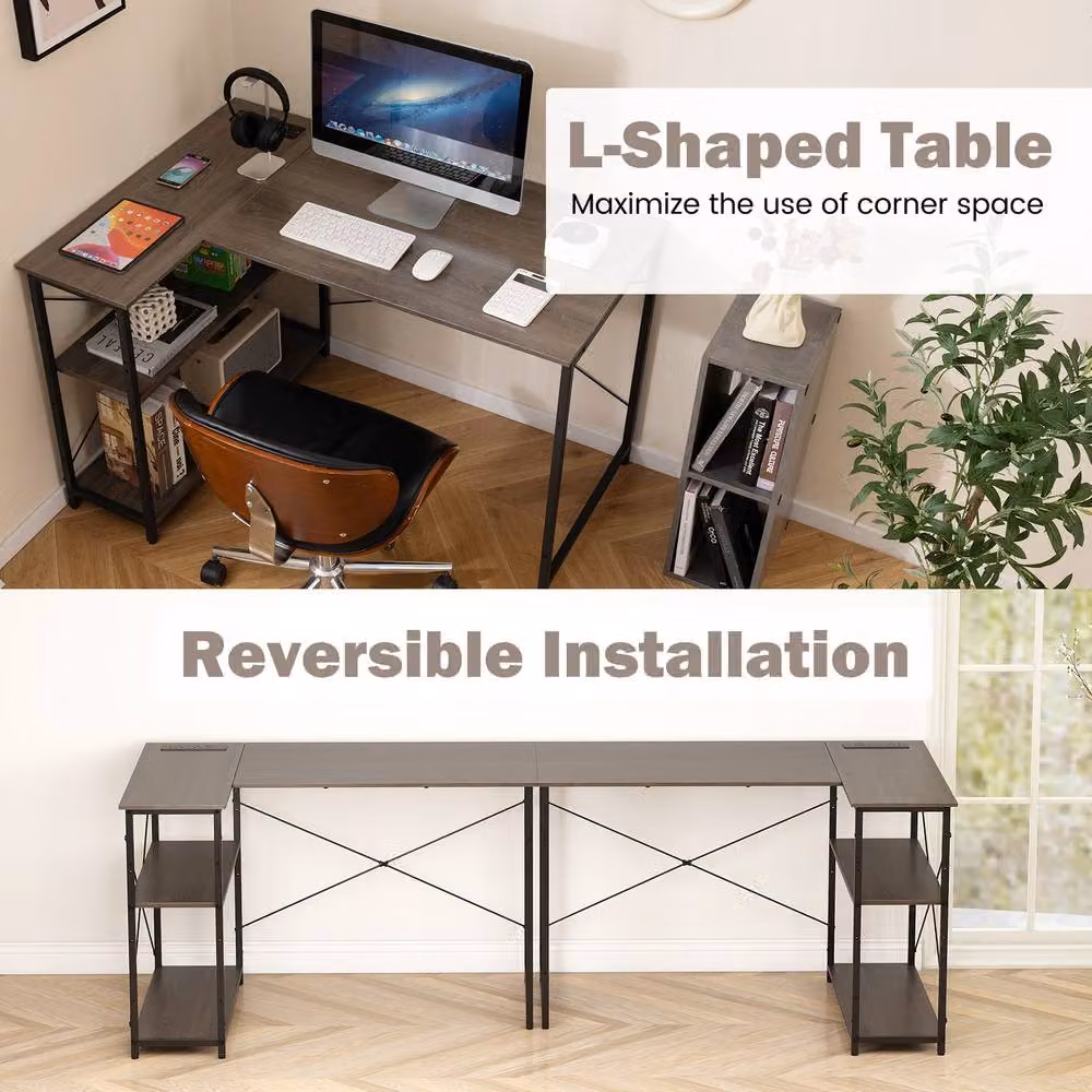 Costway L-shaped Corner Computer Desk with Power Outlet and Reversible Shelves in Grey – 5