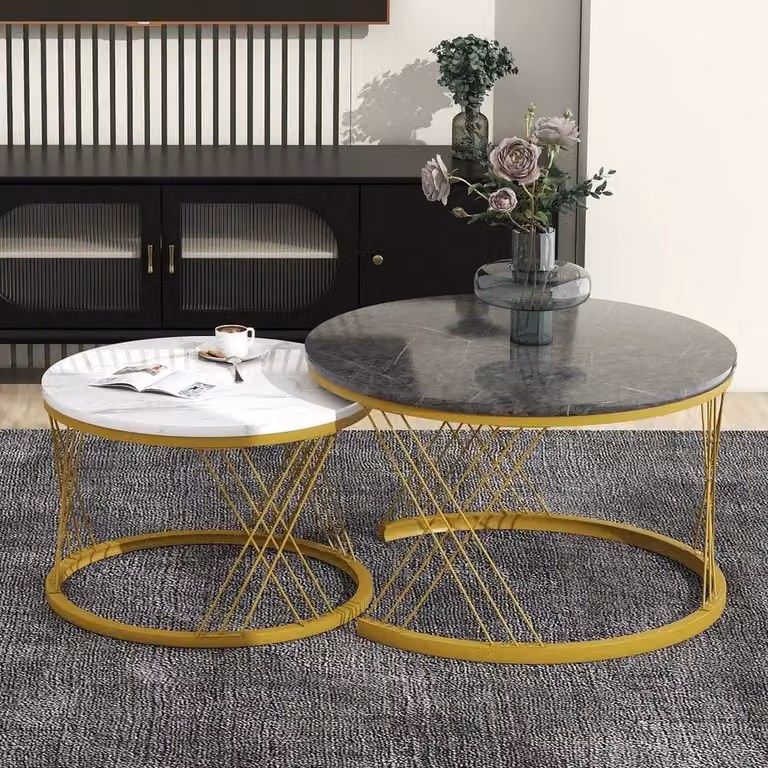 KORVIXA Set of 2 Round Nesting Coffee Tables in White Lacquered Finish