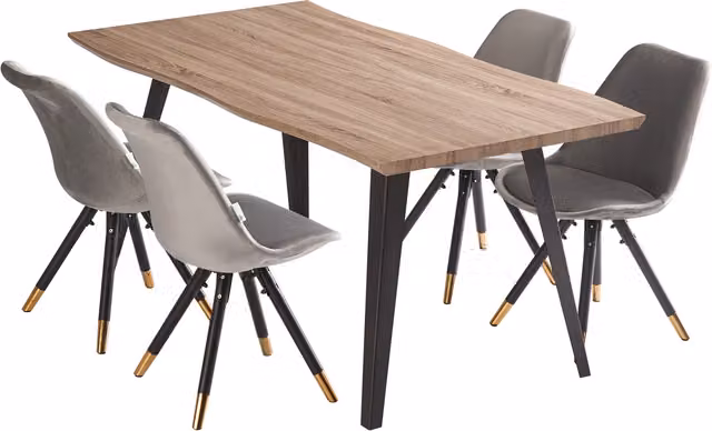 Life Interiors Sofia Rocco LUX Scandinavian Dining Set with Rectangular Live Edge Wood Table and 4 Chairs in Grey, Black and Gold