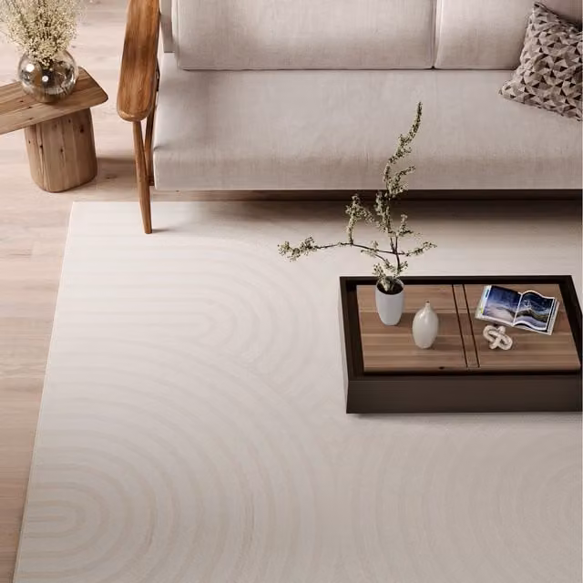 The Rug House Retro Grooved Hand Tufted Scandinavian Rug in Beige and White, W: 170 cm, D: 120 cm
