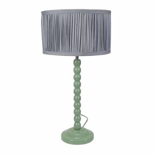 ValueLights Sage Green Bobbin Stem Table Lamp with Powder Blue Ruched Pleated Shade and Included LED Bulb