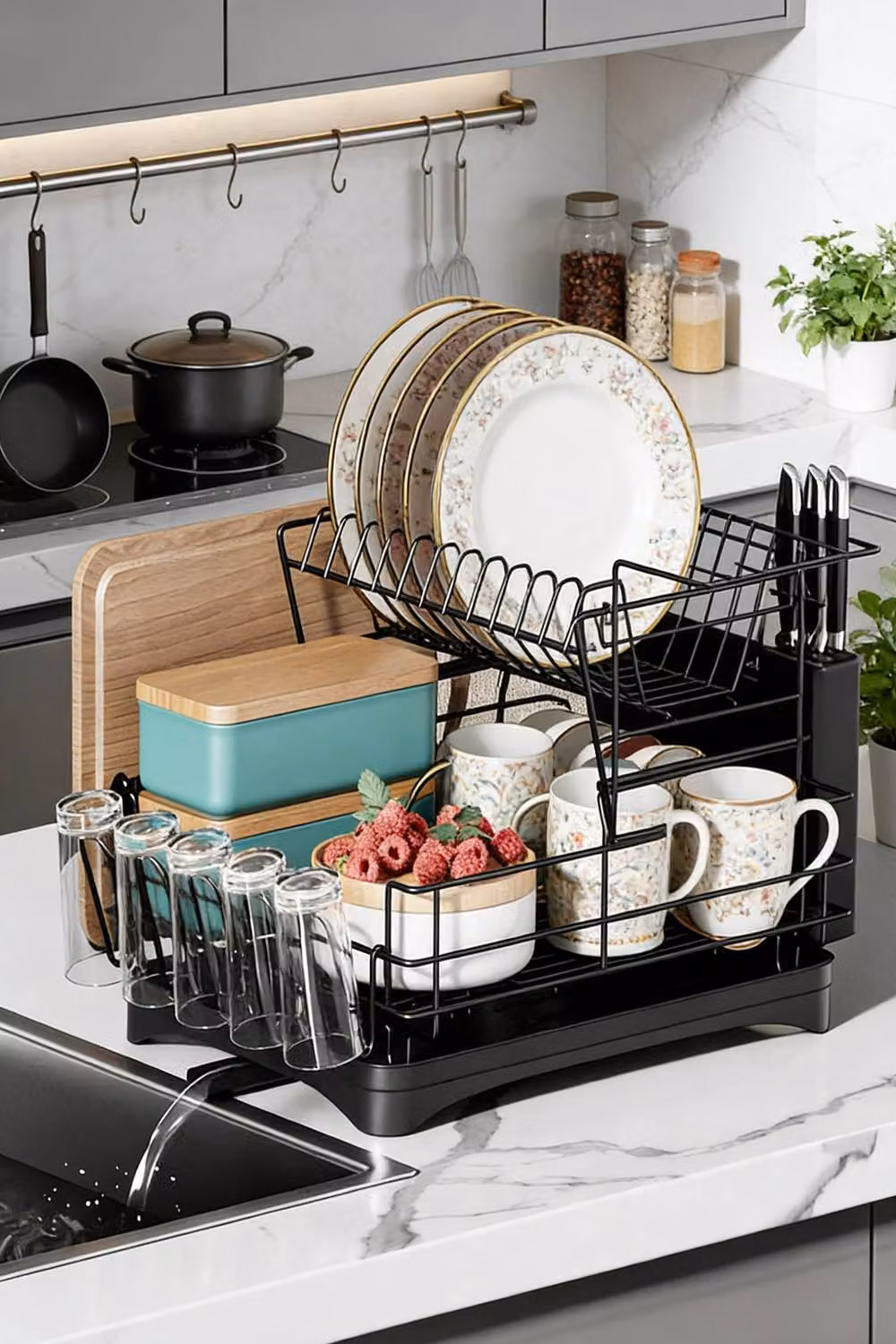 ExtraStar 2-Tier Detachable Dish Drying Rack with Cutlery and Glass Holder in Black – 2