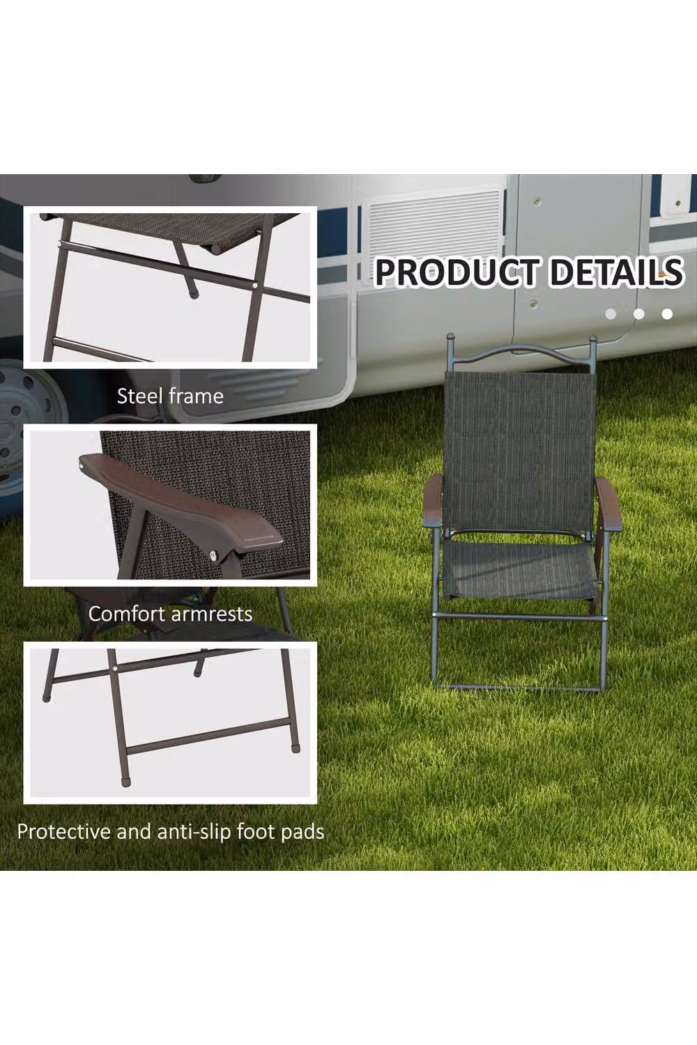 ERGOVEXA Set of Two Folding Garden Chairs in Brown with Armrests and Textilene Fabric – 3