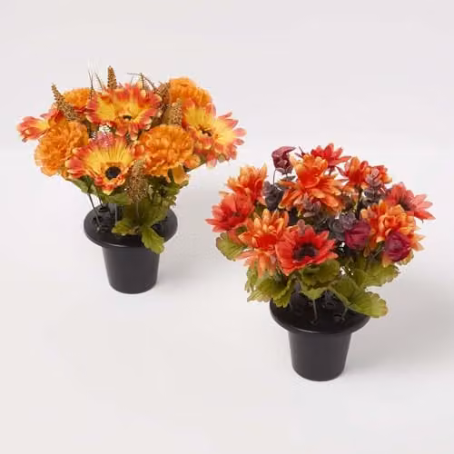 Homescapes Set of 2 Mixed Artificial Autumnal Flowers in Pots, Red, Yellow and Orange