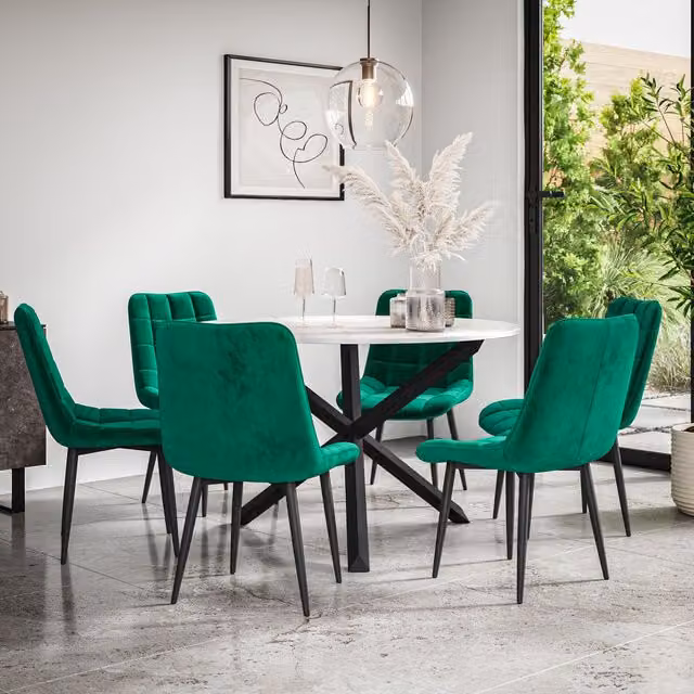 More4Homes Malvern Round Dining Table and 6 Nova Green Velvet Dining Chairs Set with Marble Top and Black Oak Legs, Diameter: 120 cm, Height: 75 cm