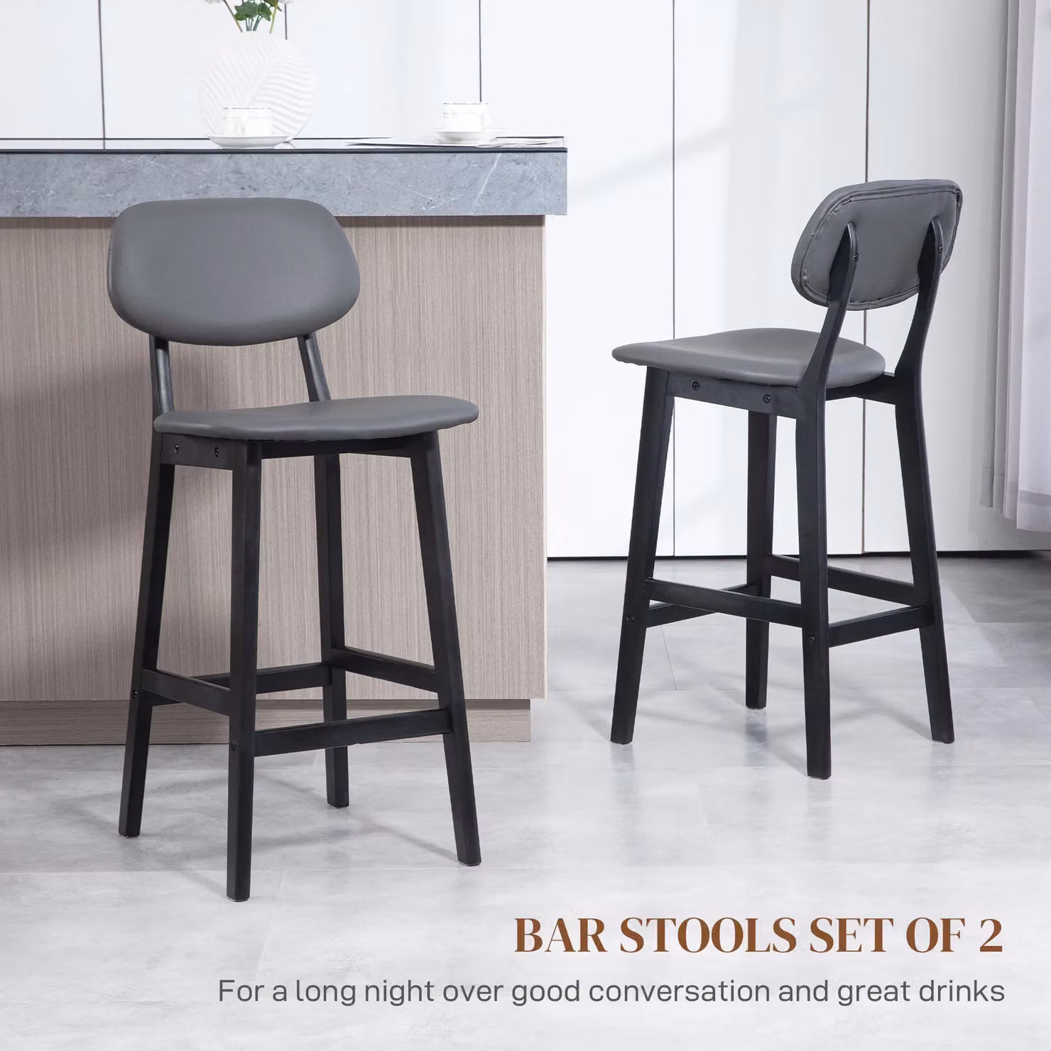 HOMCOM Set of 2 Breakfast Bar Stools with Dark Grey PU Leather and Wood Legs – 4