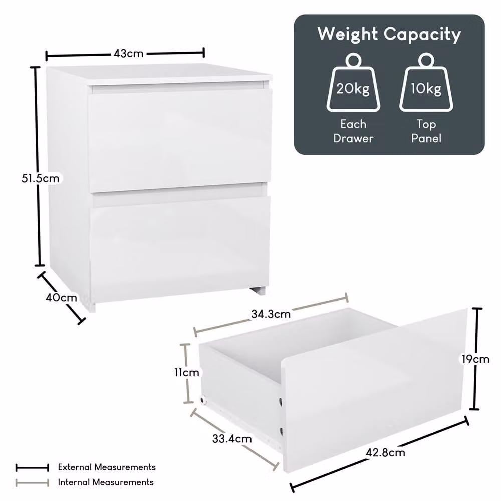 Kelvenix White Gloss 2 Drawer Bedside Chest Storage Cabinet, Width: 100 cm – 2