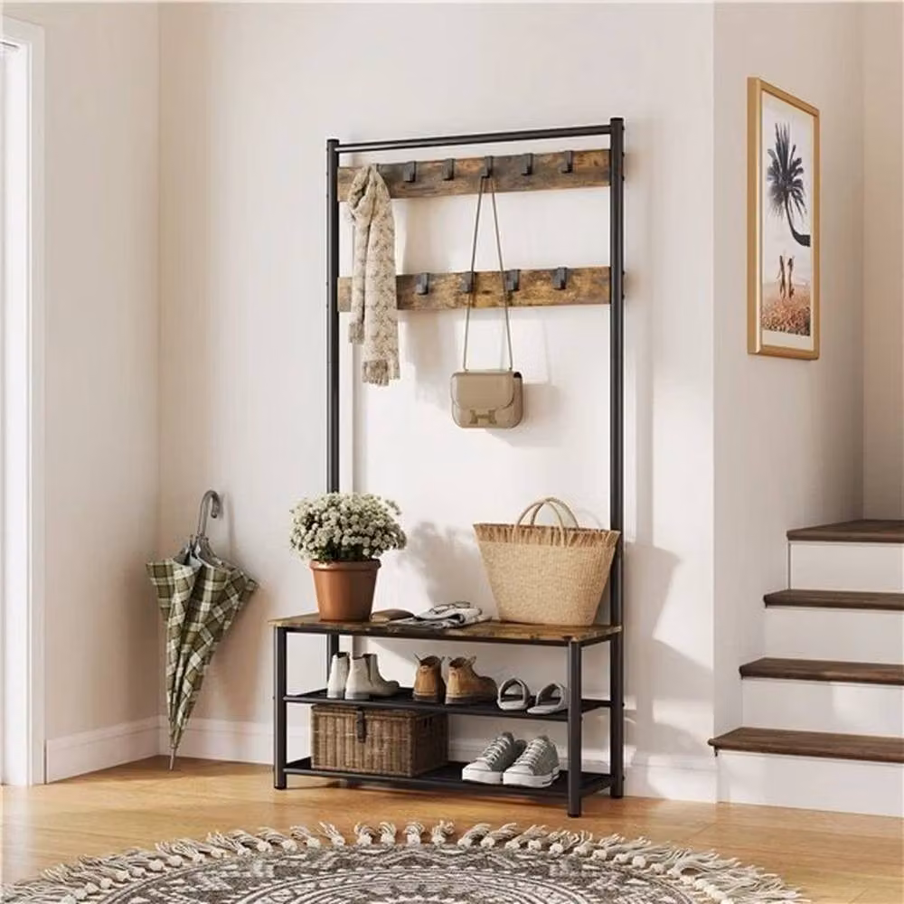 KORVIXA Industrial Hall Tree with Bench and Shoe Storage in Black, H 184 cm x W 100 cm x D 100 cm – 3