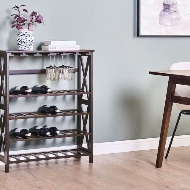 Wyld and Coco Dark Brown Lacquered Wine Rack with MDF Core and Pine Legs W/D/H: 73 x 29 x 90 cm