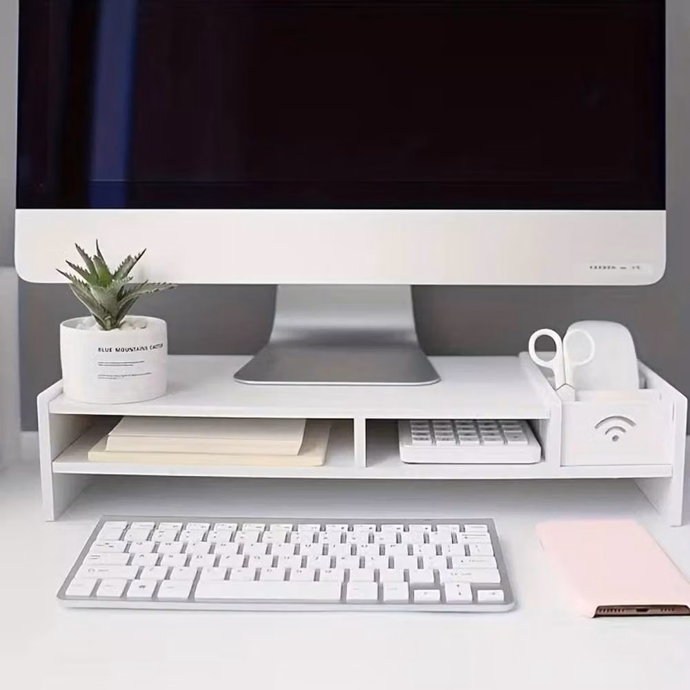 NESTLUNE 2 Tier White Computer Desktop Monitor and Laptop Stand W: 100 cm, D: 15 cm – 3