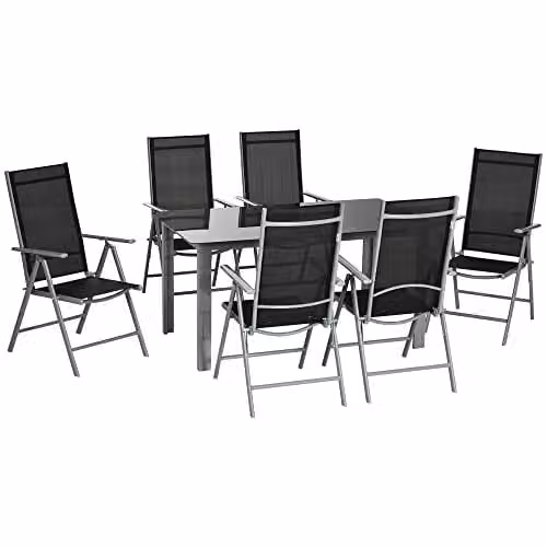 Outsunny 7 Piece Garden Dining Set with Tempered Glass Table and 6 Reclining Chairs in Black