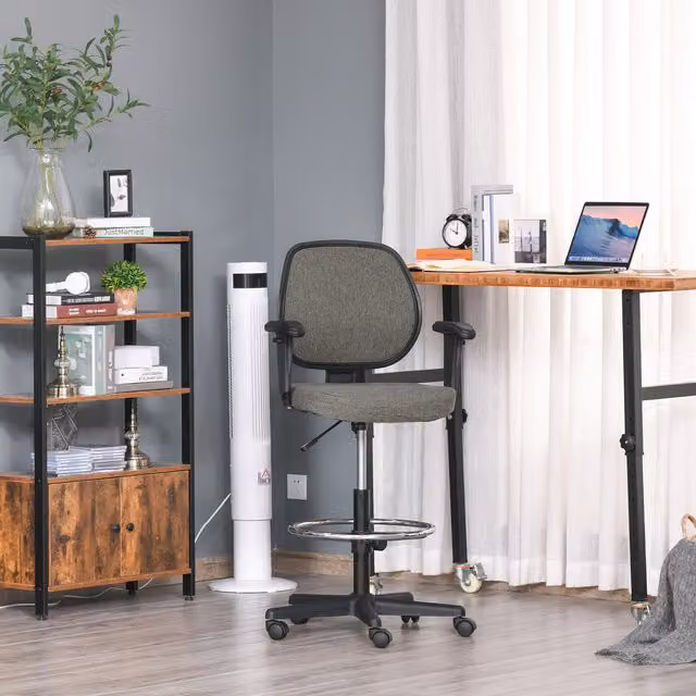 Vinsetto Grey Fabric Ergonomic Drafting Chair with Armrests and Foot Ring for Home Office