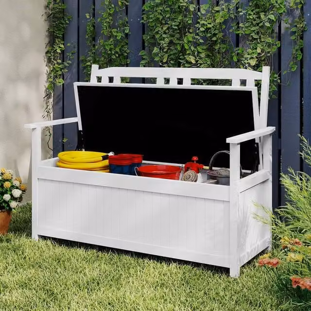 Gymax Solid Wood Patio Bench Storage Loveseat with Backrest in White – 1