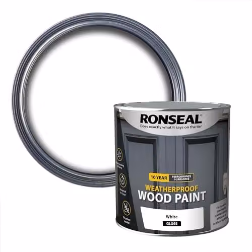 Ronseal 10 Year Weatherproof 2 in 1 Opaque Wood Paint in White Gloss, 2.5 Litre