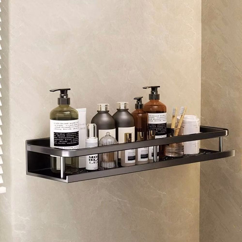 KORVIXA Wall-Mounted Black Metal Bathroom Storage Shelf – 4