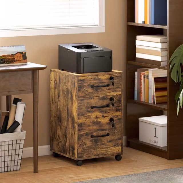 HOMCOM 3 Drawer Rolling File Cabinet for A4 and Letter Size in Brown – 1