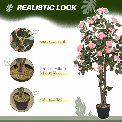 HOMCOM Set of 2 Pink Faux Silk Rose Artificial Trees, Height: 110 cm – 3