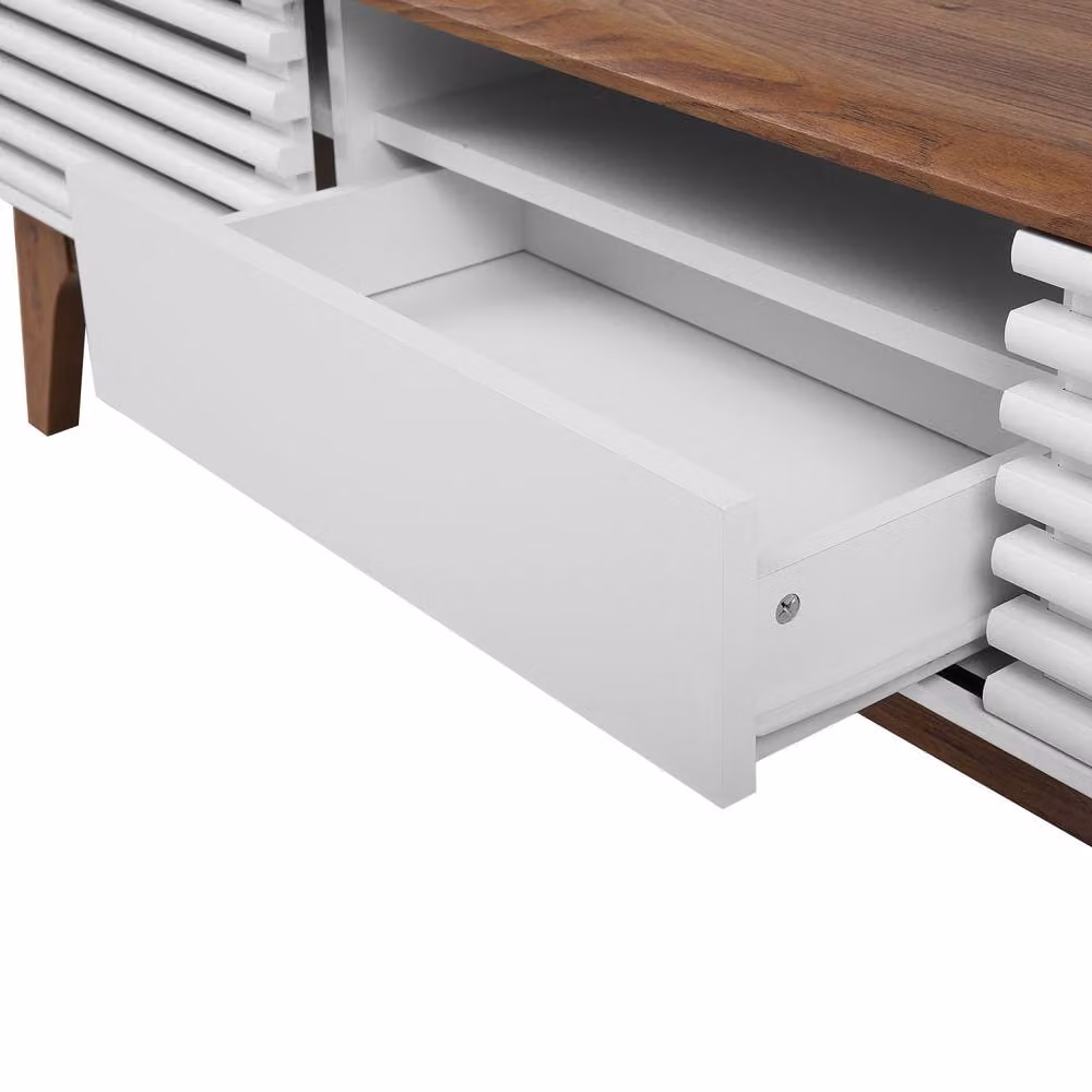 Wyld and Coco Retro 67 inch TV Stand in White and Dark Brown with Five Shelves and Drawers – 3