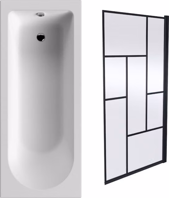 Balterley Round Bath Set with Leg Set and Black Abstract Screen in White, W/D/H: 170 x 70 x 70 cm