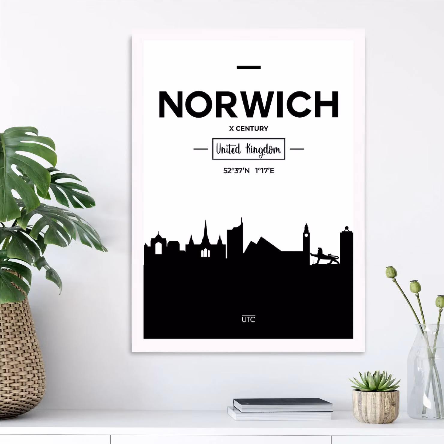 ARTZE Norwich Black and White City Skyline Framed Paper Poster with White Frame, A3 – 2
