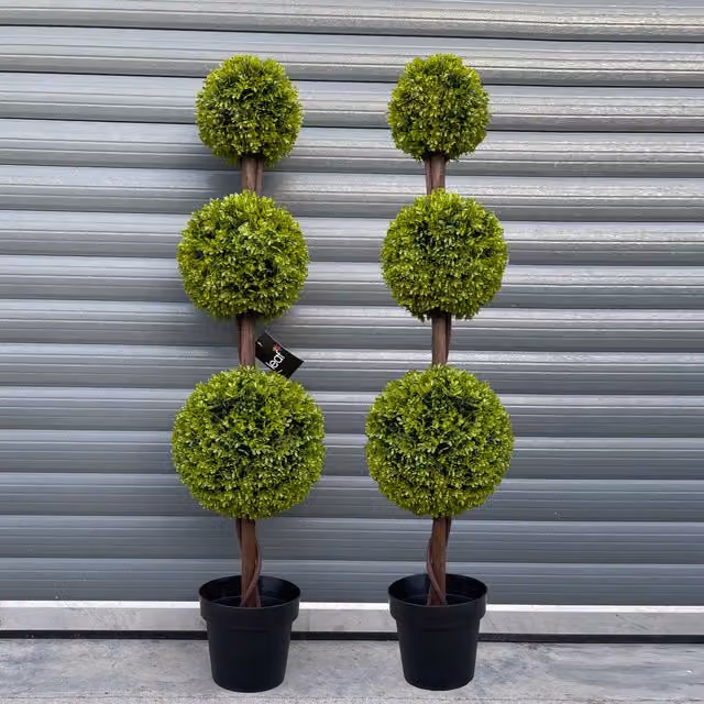 Pair of Green Triple Ball Topiary Trees with Black and Wood Bases
