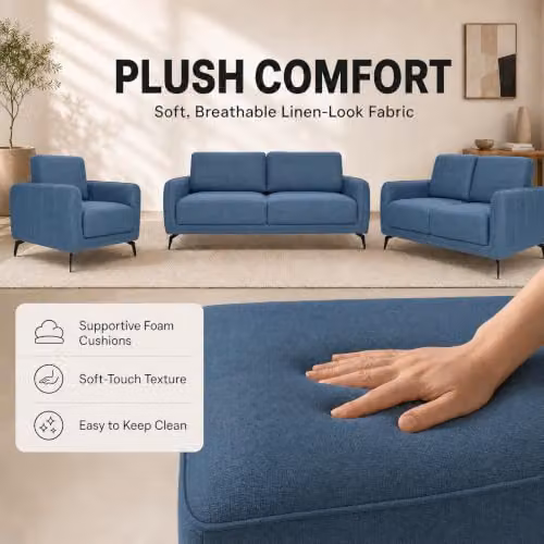 Bravich Brixton 3 Piece Blue Fabric Sofa Set with Solid Wood Frame and Foam Cushions – 4