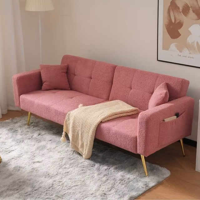 STILVORA Pink Sherpa Click-Clack Sofa Bed with Solid Wood Frame