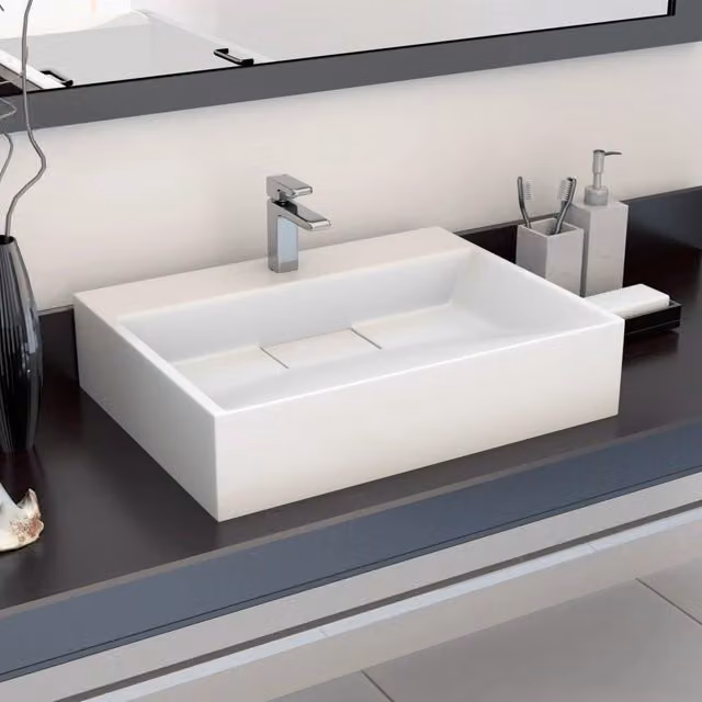 Berkfield Home White Mineral Cast Rectangular Wall Hung Wash Basin W: 50 cm, D: 38 cm, H: 13 cm – 1