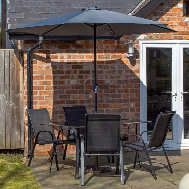 Samuel Alexander 4 Person Rectangular Glass Top Dining Set with Chairs and Grey Parasol in Black and Grey