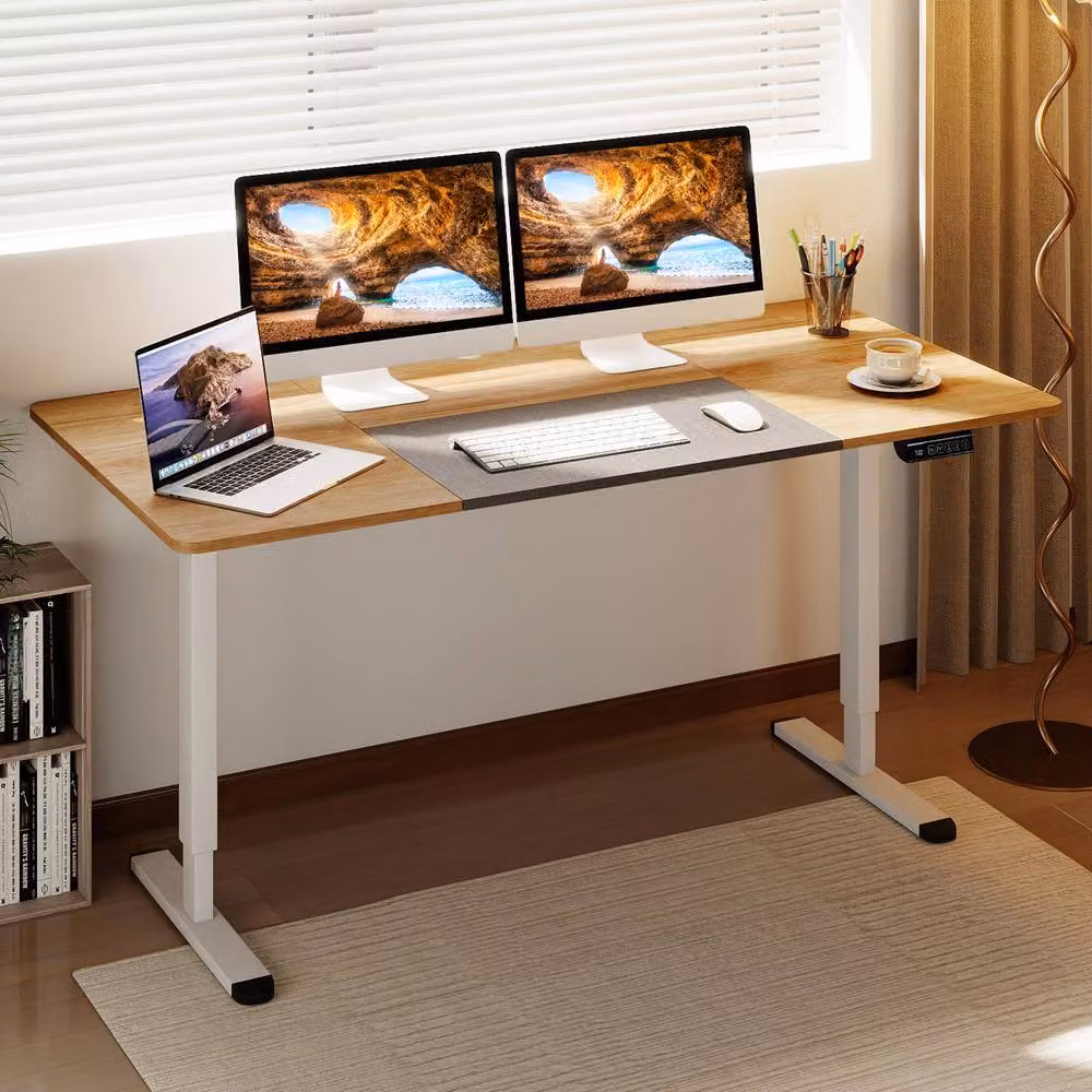 Costway Electric Height Adjustable Standing Desk in Beige, W: 140 cm, D: 70 cm – 4