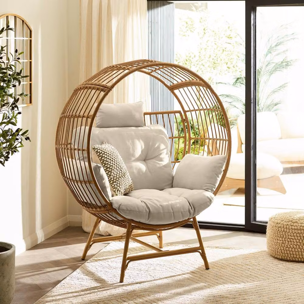 FurnitureboxUK Boca Rattan Cocoon Garden Egg Chair in Beige with Upholstered Fabric and Scatter Cushions – 4