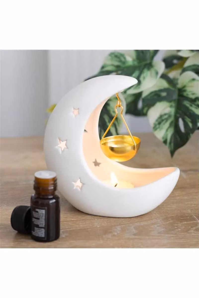 Something Different White Crescent Moon Hanging Ceramic Oil Burner with Gold Metal Dish – 3