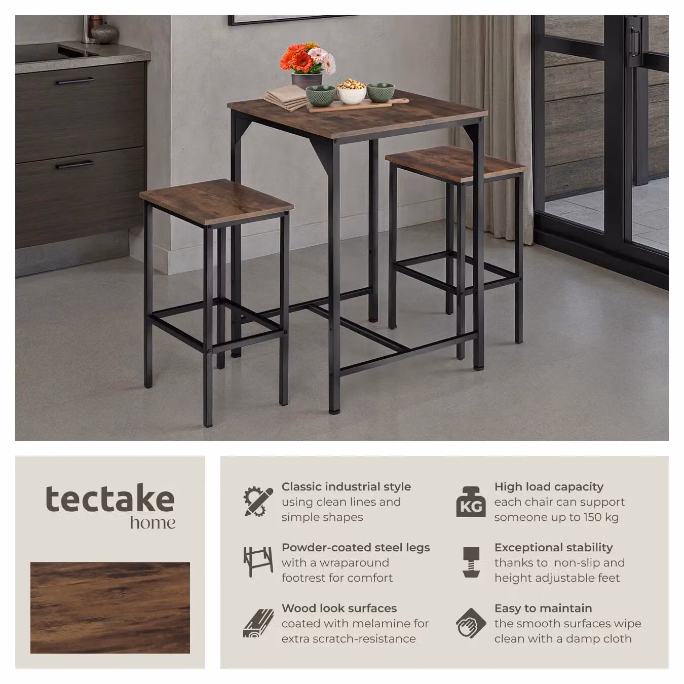 tectake Inverness Dining Table and 2 Bar Stools Set in Brown – 2