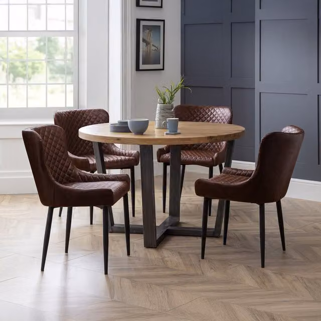 Julian Bowen Brown Oak Round Dining Table and Chairs Set with Industrial Trestle Base