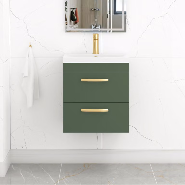 Royal Bathrooms Turin 500mm Wall Hung Vanity Unit in Matt Green with 2 Drawers and Mid-Edge Basin featuring Brushed Brass Handles