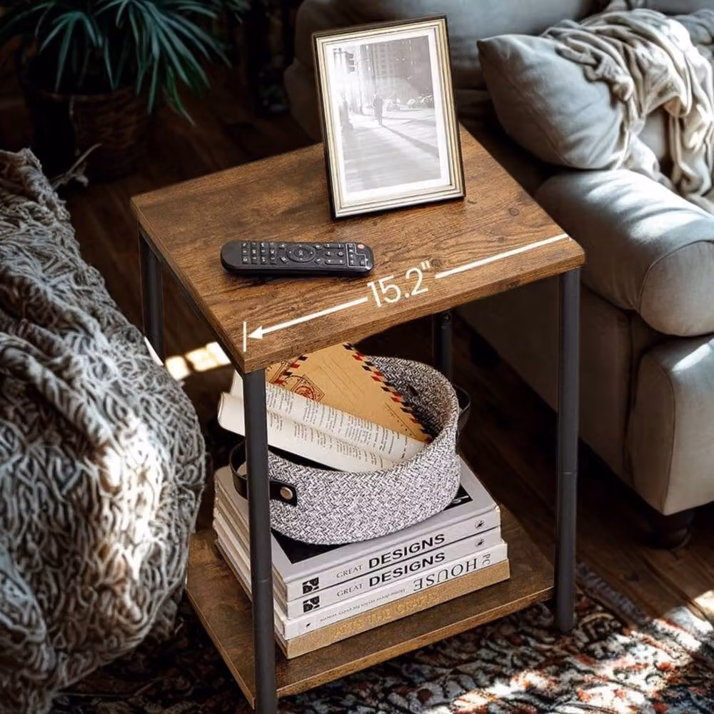Pirlo Plush 2 Tier Side End Table with Black Steel Frame and Brown Composite Wood Tiers, W/D/H: 30 x 30 x 50 cm – 4