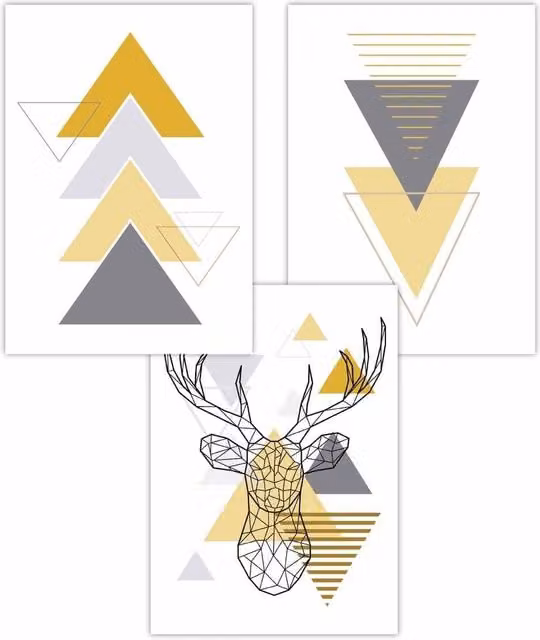 ARTZE Set of 3 Modern Geometric Line Art Stag Head Posters in Yellow, Black and Grey, W: 59 cm, H: 84 cm