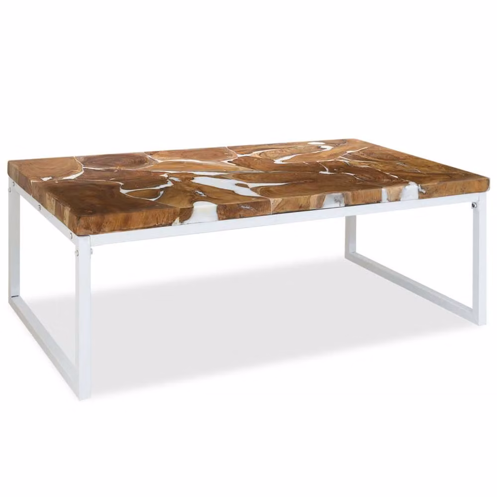 Berkfield Home Modern Rectangular Teak and Resin Decorative Coffee Table in White and Brown, W/D/H: 110 x 60 x 40 cm – 2