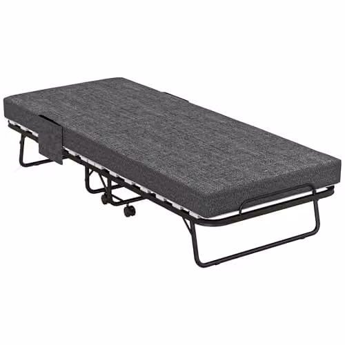 HOMCOM Folding Bed with Mattress, Grey Metal and Wood Frame, W/D/H: 80 x 190 cm