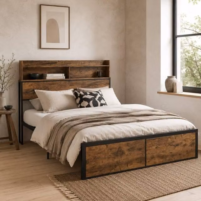 Wyld Haus Sata Industrial Double Bed Frame with Headboard and Side Compartments, Brown and Black, W/D/H: 140 x 200 cm