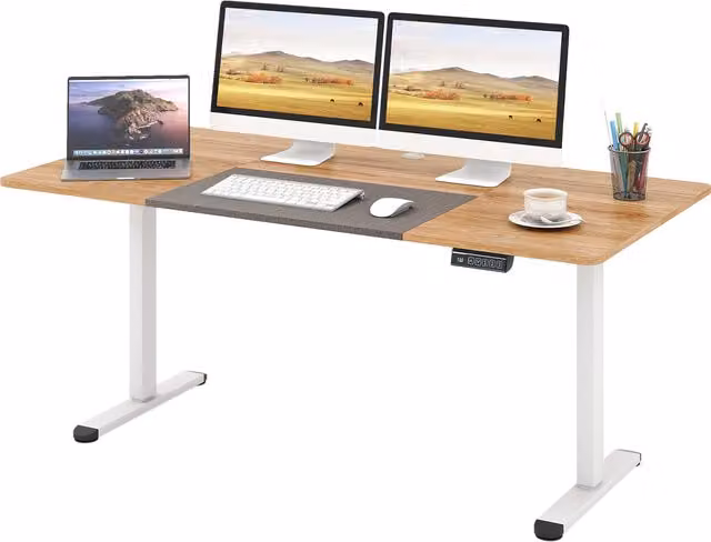 COSTWAY Height Adjustable Electric Standing Desk in Brown and White